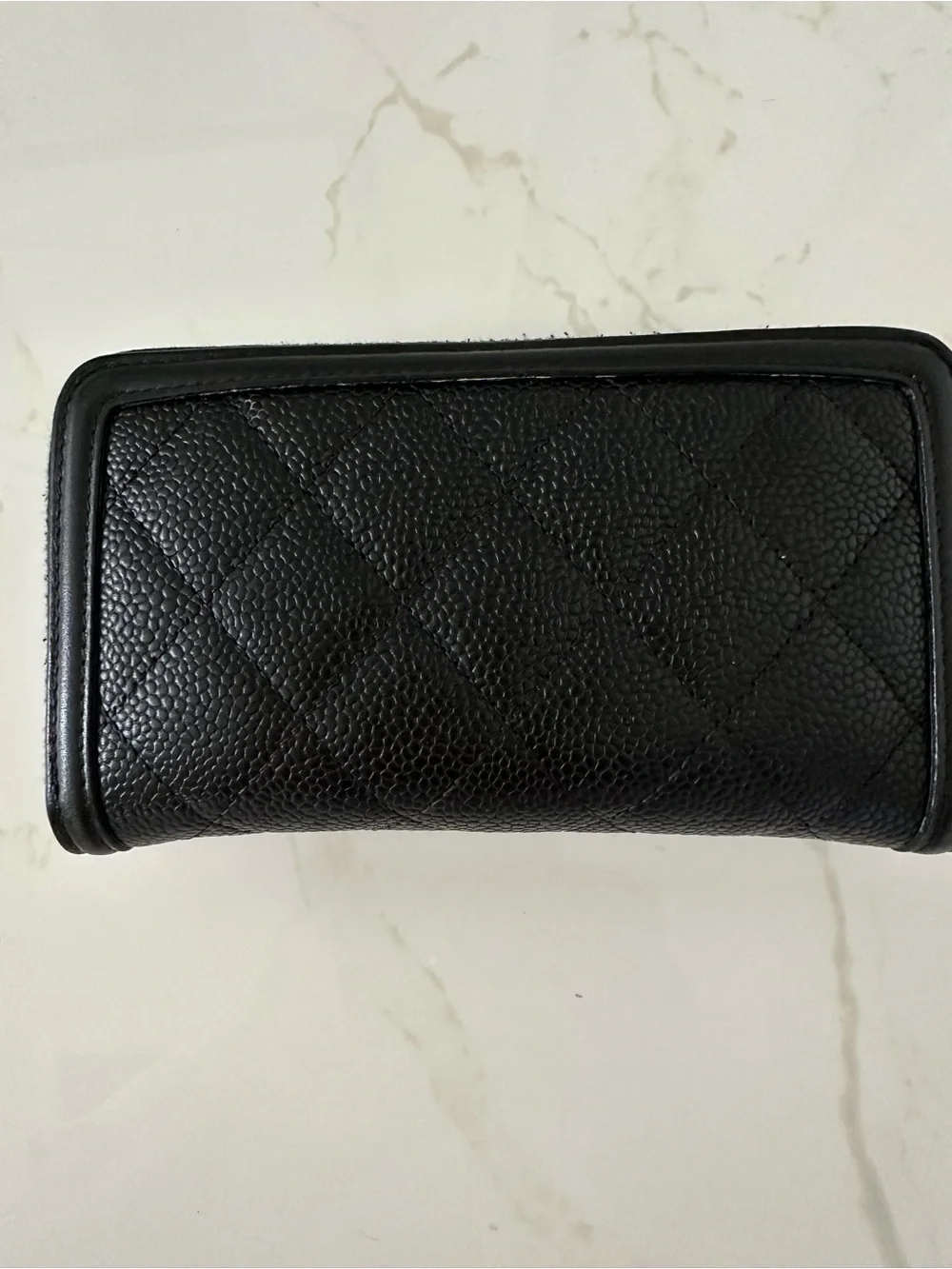 CHANEL Black Quilted Caviar Leather Zip Wallet with Gold Accents